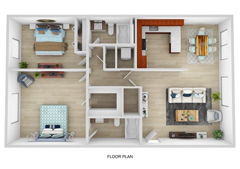 a 2 bedroom floor plan with a bathroom and a living room
